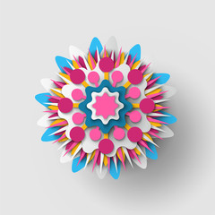 Paper cut origami of flower, colorful blossom ornament with shadow, 3d view of floral symbol, greeting or poster decorated by bouquet, festive vector