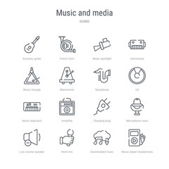 set of 16 music and media concept vector line icons such as music player headphones, downloaded music cloud, hand mic, low volume speaker, microphone voice recording, charging plug, amplifier,