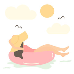 Hand drawn abstract cute summer background with beach girl swimming on pink inflatable circle