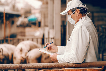 Veterinarian in white coat, hat and with protective mask on face writing in clipboard results of...