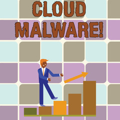 Handwriting text writing Cloud Malware. Conceptual photo malicious software file or program harmful to a computer Smiling Businessman Climbing Colorful Bar Chart Following an Arrow Going Up