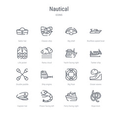 set of 16 nautical concept vector line icons such as rope knot, ferry facing right, prawn facing left, captain hat, ocean waves, big float, ship engine, double paddle. 64x64 thin stroke icons