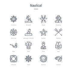 set of 16 nautical concept vector line icons such as snorkel, porthole, helm, lifesaver, vest, sailor, shirt, pipe. 64x64 thin stroke icons