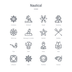 set of 16 nautical concept vector line icons such as snorkel, porthole, helm, lifesaver, vest, sailor, shirt, pipe. 64x64 thin stroke icons