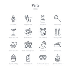 set of 16 party concept vector line icons such as birthday pictures, mustache with glasses, juice bottle with straw, cupcake with big cherry, slice of cake, wizard hat, bottle and two glasses, clown