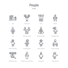 set of 16 people concept vector line icons such as male reporter, articulation, speaker at a conference, people searcher, worker thinking, buyer support, working group, office secretary. 64x64 thin