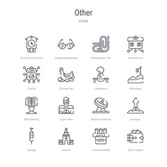 set of 16 other concept vector line icons such as smart wallet, limited liability, kremln, syrnge, arrowup, satelite antenna, super hero, self learning. 64x64 thin stroke icons