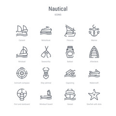 set of 16 nautical concept vector line icons such as starfish with dots, vessel, windsurf board, port and starboard, watercraft, capsizing, ship admiral, azimuth compass. 64x64 thin stroke icons