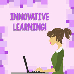 Word writing text Innovative Learning. Business photo showcasing Interdisciplinary teaching that stirs analytic thinking photo of Young Busy Woman Sitting Side View and Working on her Laptop