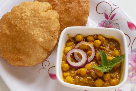 Chana Masala with Puri Indian Food, selective focus.