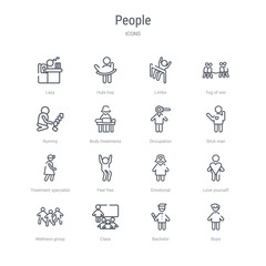 set of 16 people concept vector line icons such as boys, bachelor, class, wellness group, love yourself, emotional, feel free, treatment specialist. 64x64 thin stroke icons