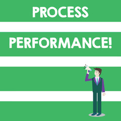 Text sign showing Process Perforanalysisce. Business photo text measure of how efficient or effective a process is Businessman Looking Up, Holding and Talking on Megaphone with Volume Icon