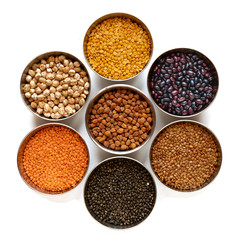 Chickpea, Red Lentil, Split Chickpea, Black gram,  Black lentil, Garbanzo Beans, Horse Gram, Gahat Dal in steel bowel isolated on white background.