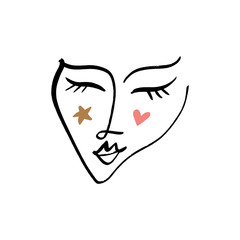 Simple modern trendy line sketch art face. Portrait print for clothes, textile and other. Vector illustration