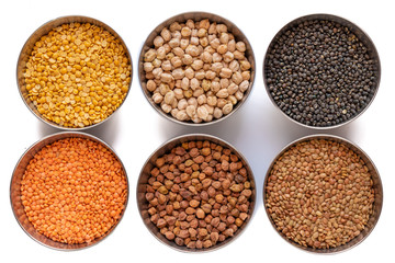 Chickpea, Red Lentil, Split Chickpea, Black gram,  Black lentil, Garbanzo Beans, Horse Gram, Gahat Dal in steel bowel isolated on white background.