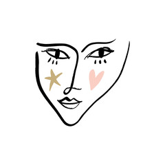 Simple modern trendy line sketch art face. Portrait print for clothes, textile and other. Vector illustration