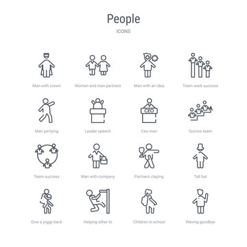 set of 16 people concept vector line icons such as waving goodbye, children in school, helping other to jump, give a piggy back ride, tall hat, partners claping hands, man with company, team