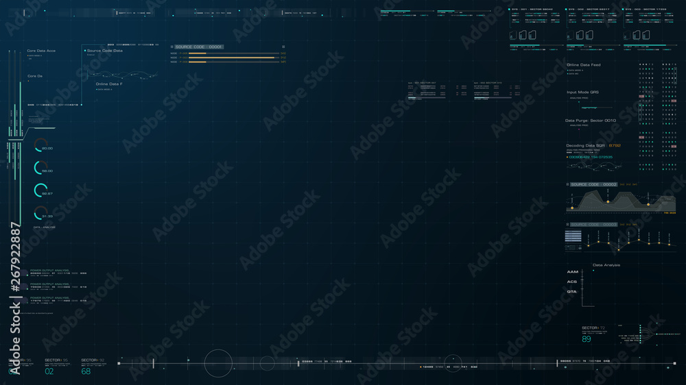 Fototapete Futuristic source code digital data telemetry motion graphic display screen with user interface display for digital background computer desktop display screen