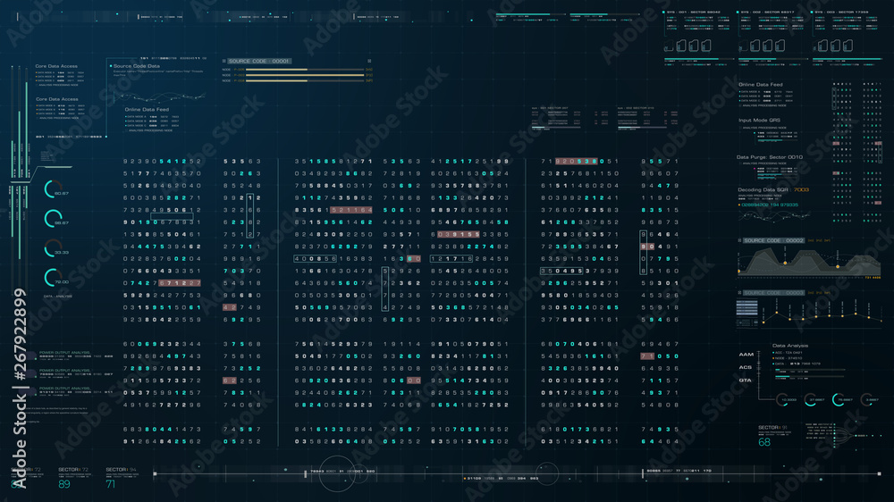 Aufkleber Futuristic source code digital data telemetry motion graphic display screen with user interface display for digital background computer desktop display screen
