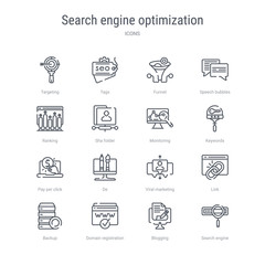 set of 16 search engine optimization concept vector line icons such as search engine, blogging, domain registration, backup, link, viral marketing, de, pay per click. 64x64 thin stroke icons