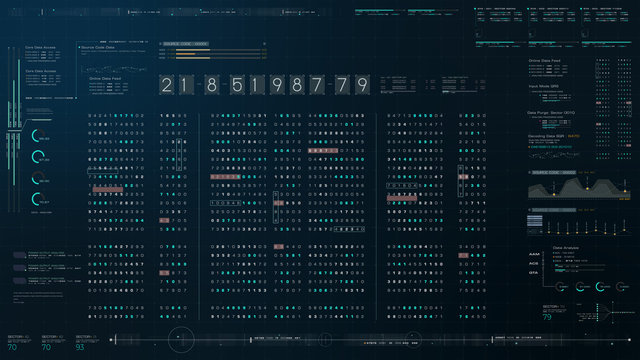 Futuristic source code digital data telemetry motion graphic display screen with user interface display for digital background computer desktop display screen