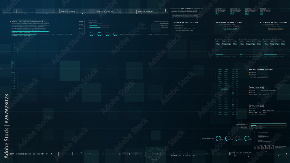 Fototapete Futuristic source code digital data telemetry motion graphic display screen with user interface display for digital background computer desktop display screen