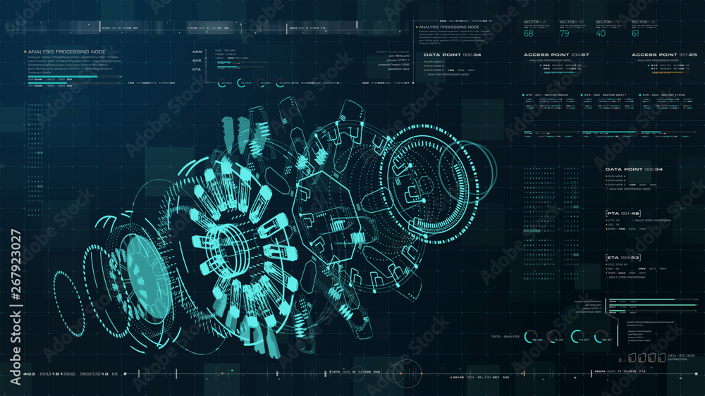 Aufkleber Advance motion graphic futuristic user interface head up display screen with Holographic electromagnetic engine with gravitational fields energy particles wave and digital data telemetry information