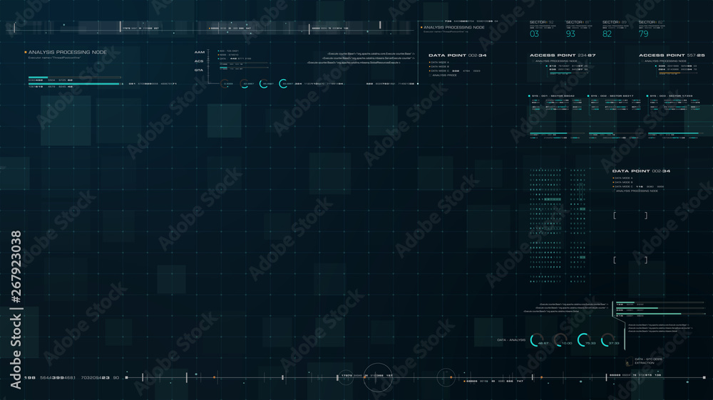 Poster Futuristic source code digital data telemetry motion graphic display screen with user interface display for digital background computer desktop display screen