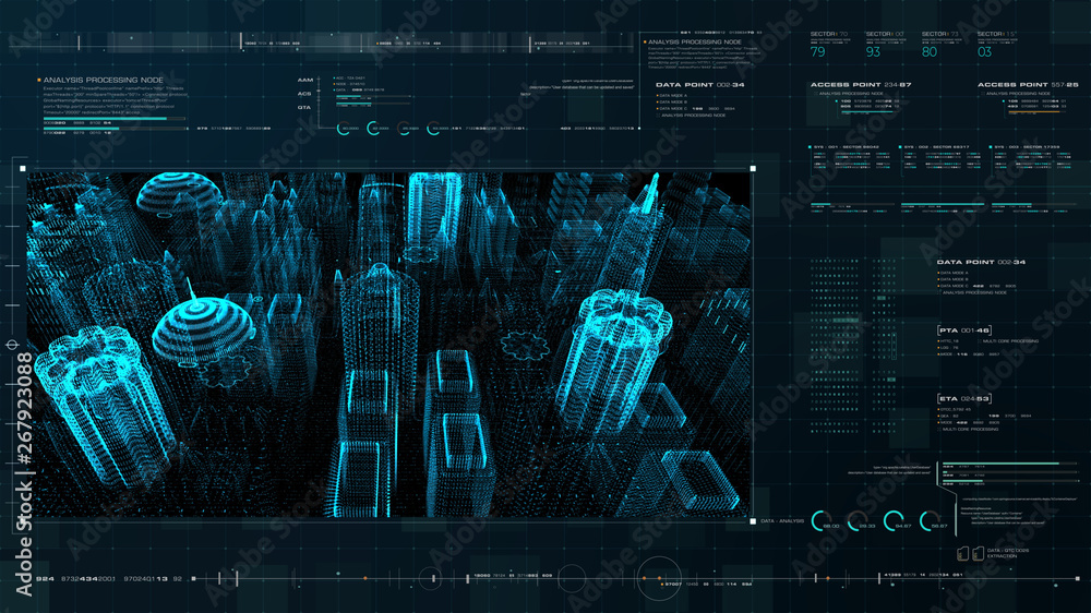 Poster Futuristic motion graphic user interface head up display screen with digital holographic city telemetry information display for digital background computer desktop display screen