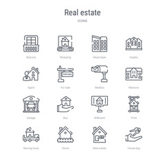 set of 16 real estate concept vector line icons such as house key, real estate, fence, moving truck, print, billboard, buy, garage. 64x64 thin stroke icons