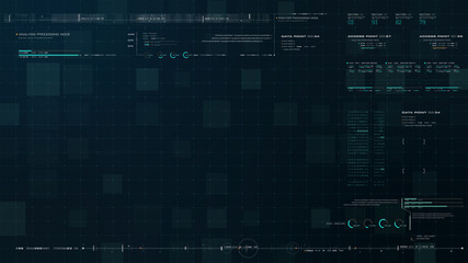 Futuristic source code digital data telemetry motion graphic display screen with user interface display for digital background computer desktop display screen