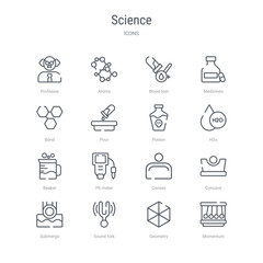 set of 16 science concept vector line icons such as momentum, geometry, sound fork, submerge, concave, convex, ph meter, beaker. 64x64 thin stroke icons