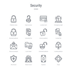 Fototapeta premium set of 16 security concept vector line icons such as float, keyhole, watch tower, rhomboid, locked padlock, unlocked padlock, lock folder, secure envelope. 64x64 thin stroke icons