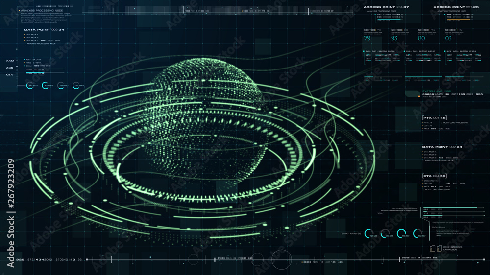 Fototapete Futuristic motion graphic user interface head up display screen with Holographic Earth and digital data telemetry information display for digital background computer desktop display screen