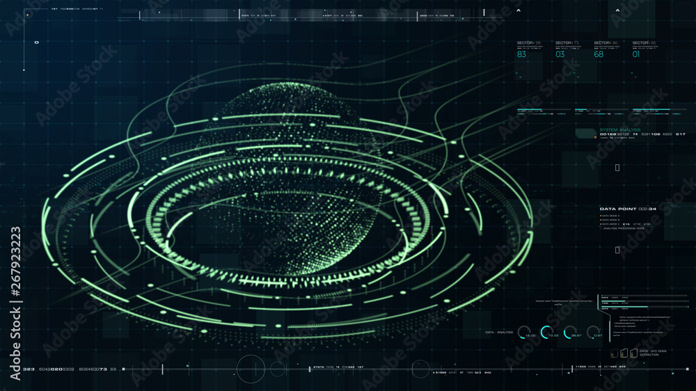 Fototapete Futuristic motion graphic user interface head up display screen with Holographic Earth and digital data telemetry information display for digital background computer desktop display screen