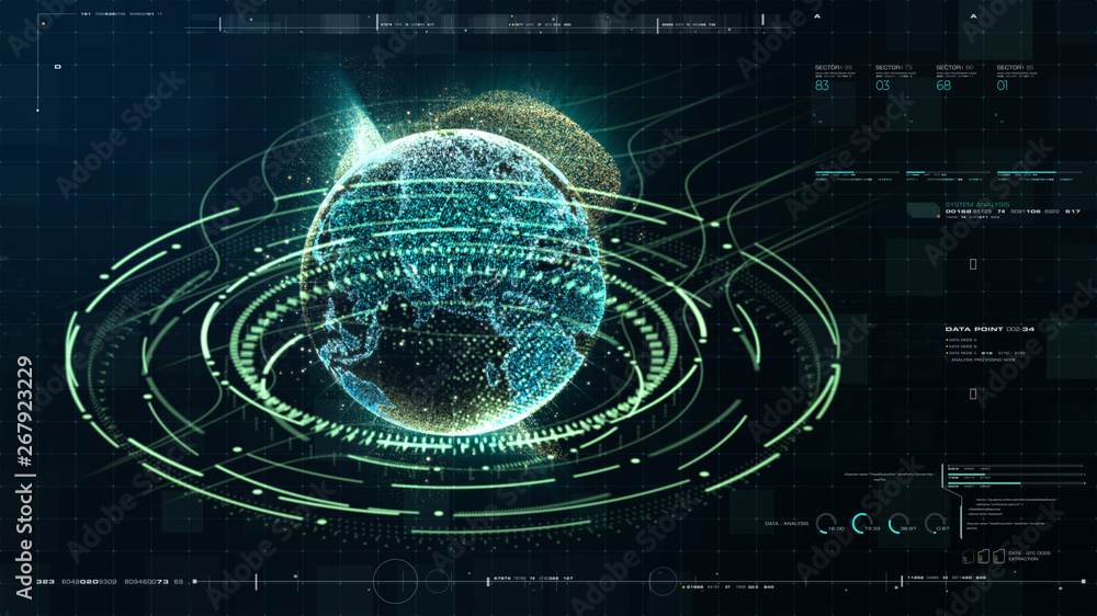 Aufkleber Futuristic motion graphic user interface head up display screen with Holographic Earth and digital data telemetry information display for digital background computer desktop display screen