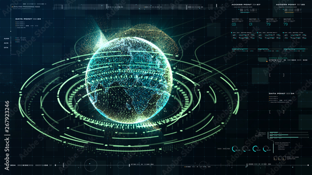 Aufkleber Futuristic motion graphic user interface head up display screen with Holographic Earth and digital data telemetry information display for digital background computer desktop display screen