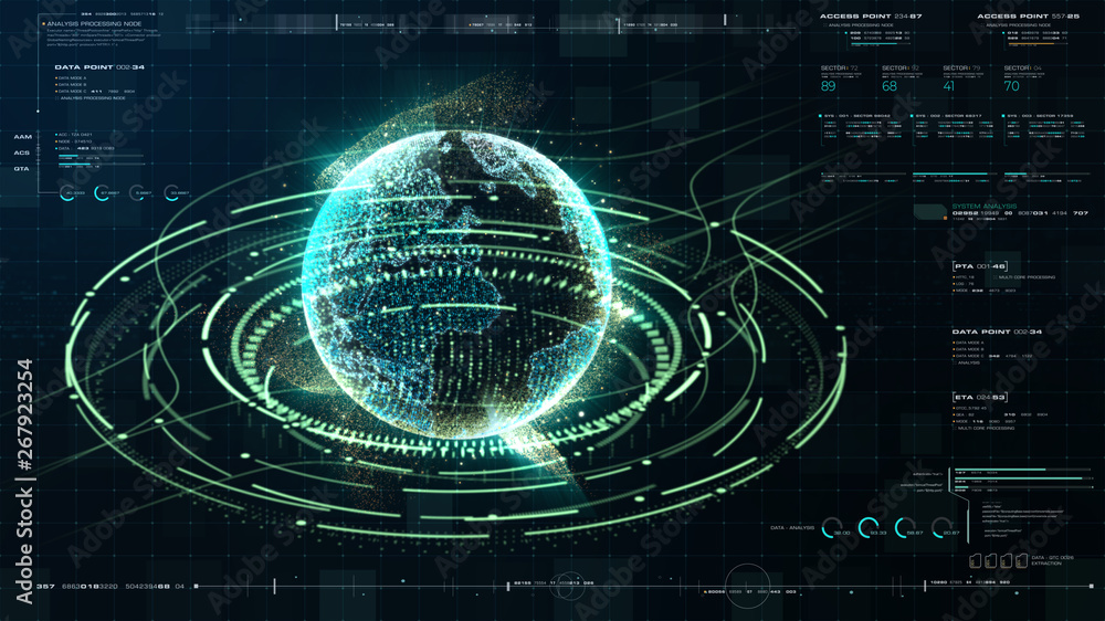 Poster Futuristic motion graphic user interface head up display screen with Holographic Earth and digital data telemetry information display for digital background computer desktop display screen
