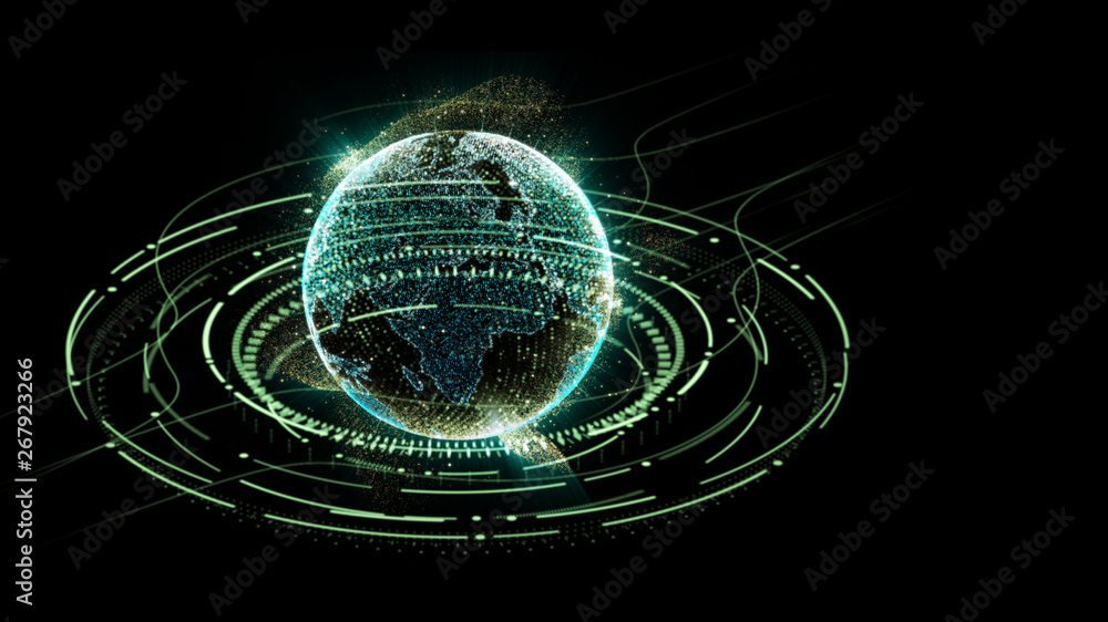 Leinwandbilder Futuristic motion graphic user interface head up display screen with Holographic Earth and digital data telemetry information display for digital background computer desktop display screen