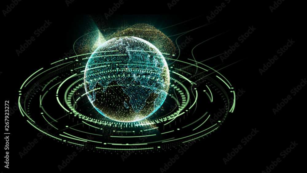 Aufkleber Futuristic motion graphic user interface head up display screen with Holographic Earth and digital data telemetry information display for digital background computer desktop display screen