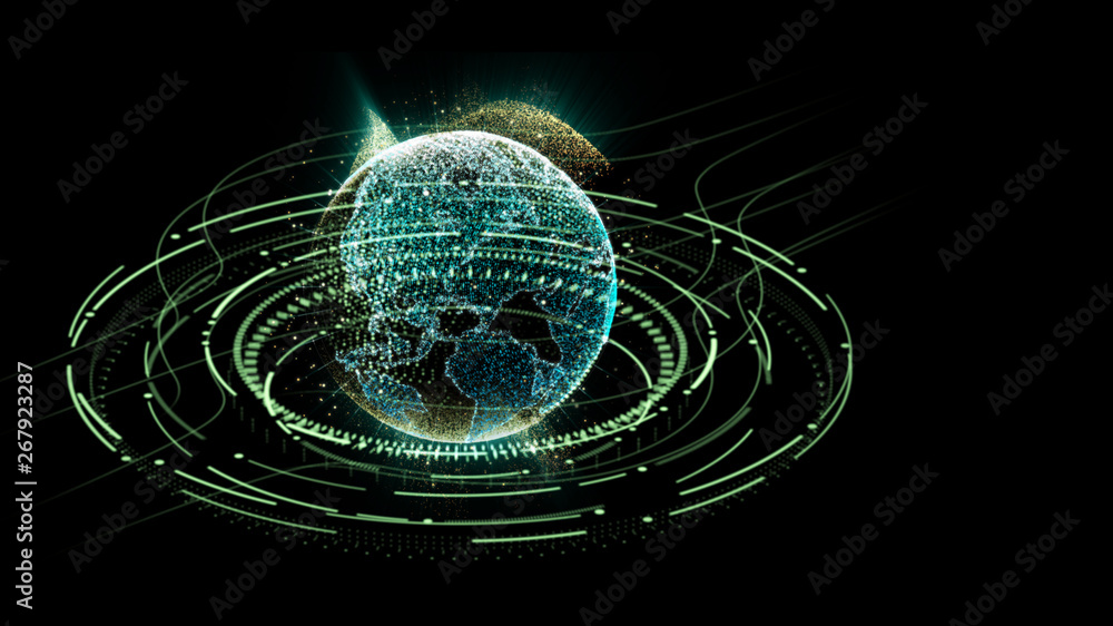 Aufkleber Futuristic motion graphic user interface head up display screen with Holographic Earth and digital data telemetry information display for digital background computer desktop display screen
