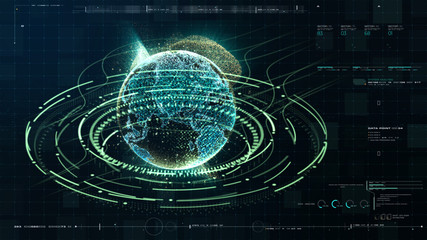Futuristic motion graphic user interface head up display screen with Holographic Earth and digital data telemetry information display for digital background computer desktop display screen