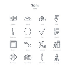 set of 16 signs concept vector line icons such as crossing, information, square hotel, round hotel, emergency exit, subscript, quotes, borders. 64x64 thin stroke icons