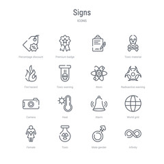 set of 16 signs concept vector line icons such as infinity, male gender, toxic, female, world grid, alarm, heat, camera. 64x64 thin stroke icons