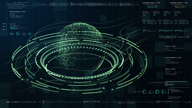 Futuristic motion graphic user interface head up display screen with Holographic Earth and digital data telemetry information display for digital background computer desktop display screen - Powered by Adobe