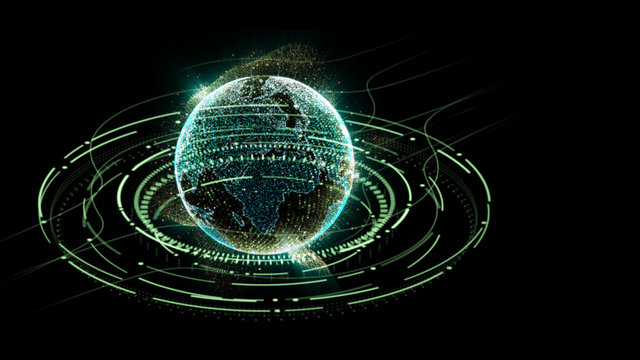 Futuristic motion graphic user interface head up display screen with Holographic Earth and digital data telemetry information display for digital background computer desktop display screen