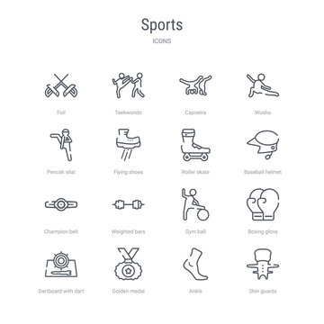 set of 16 sports concept vector line icons such as shin guards, ankle, golden medal, dartboard with dart, boxing glove, gym ball, weighted bars, champion belt. 64x64 thin stroke icons