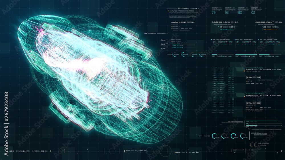 Fototapete Advance motion graphic futuristic user interface head up display screen with Holographic electromagnetic engine with gravitational fields energy particles wave and digital data telemetry information