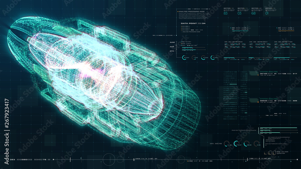 Poster Advance motion graphic futuristic user interface head up display screen with Holographic electromagnetic engine with gravitational fields energy particles wave and digital data telemetry information