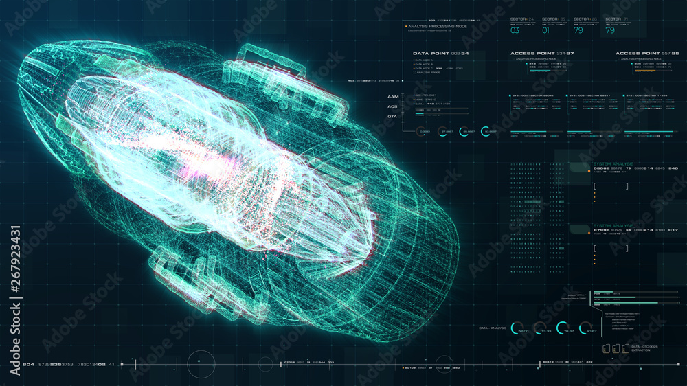 Poster Advance motion graphic futuristic user interface head up display screen with Holographic electromagnetic engine with gravitational fields energy particles wave and digital data telemetry information